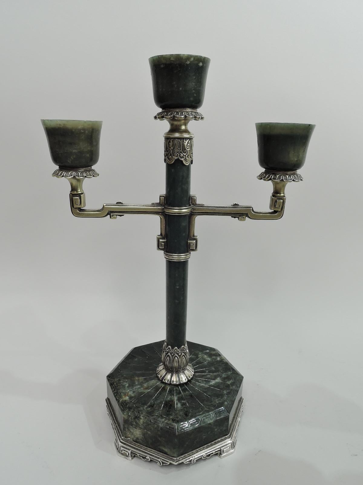 Pair of American Art Deco Jade & Silver Gilt 3-Light Candelabra In Excellent Condition For Sale In New York, NY