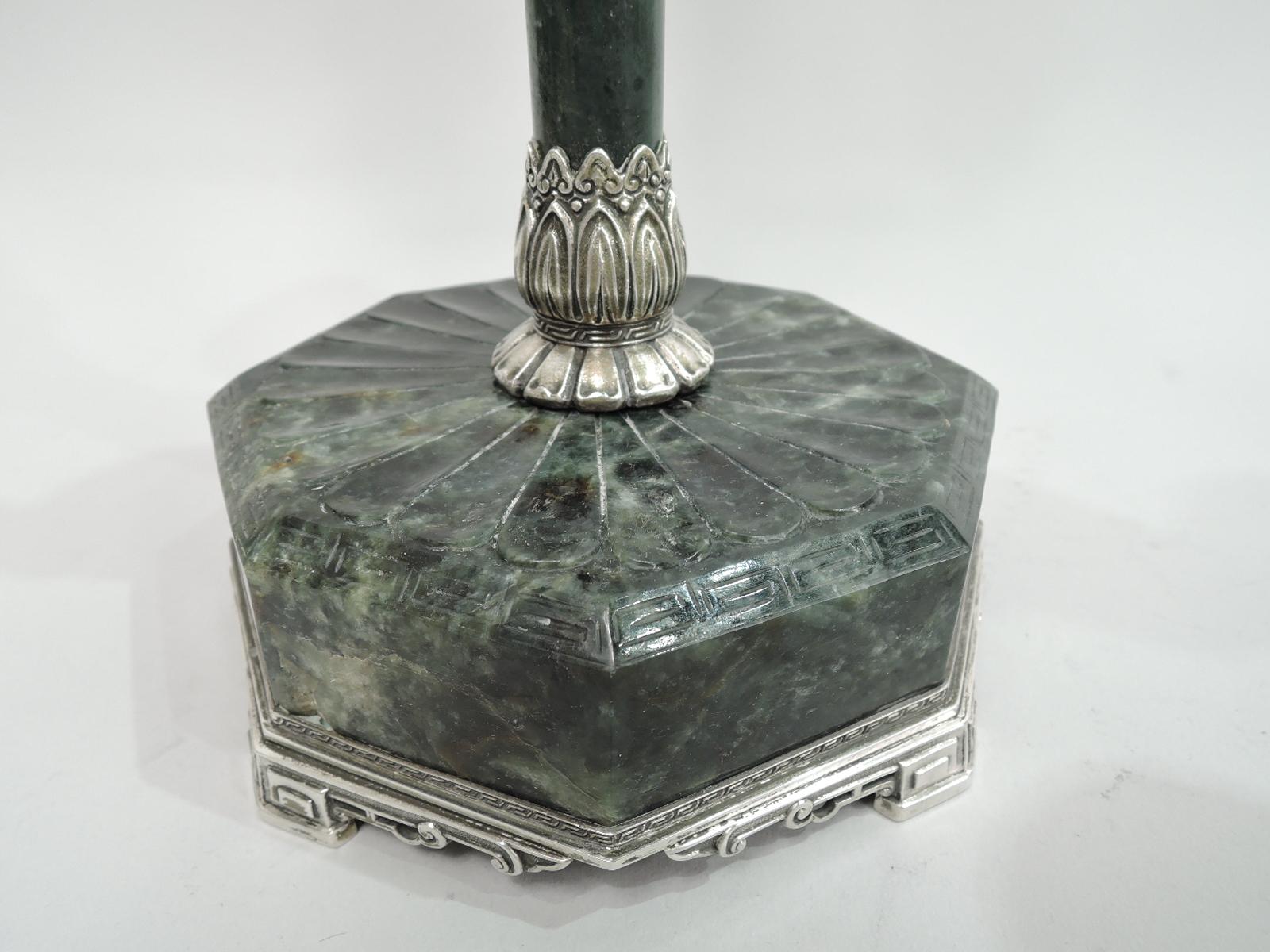 Pair of American Art Deco Jade & Silver Gilt 3-Light Candelabra For Sale 2