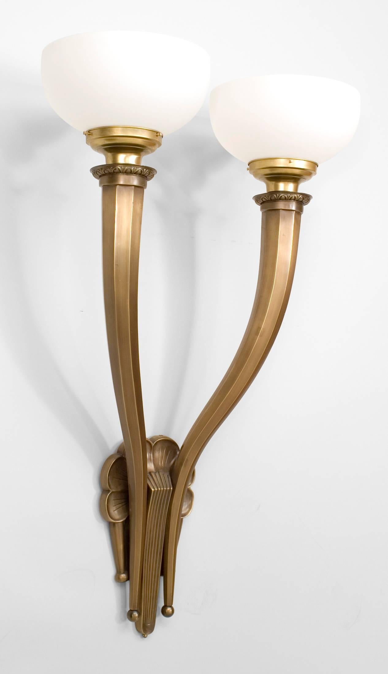 Pair of American Art Deco Monumental Brass and Glass Wall Sconces In Good Condition In New York, NY