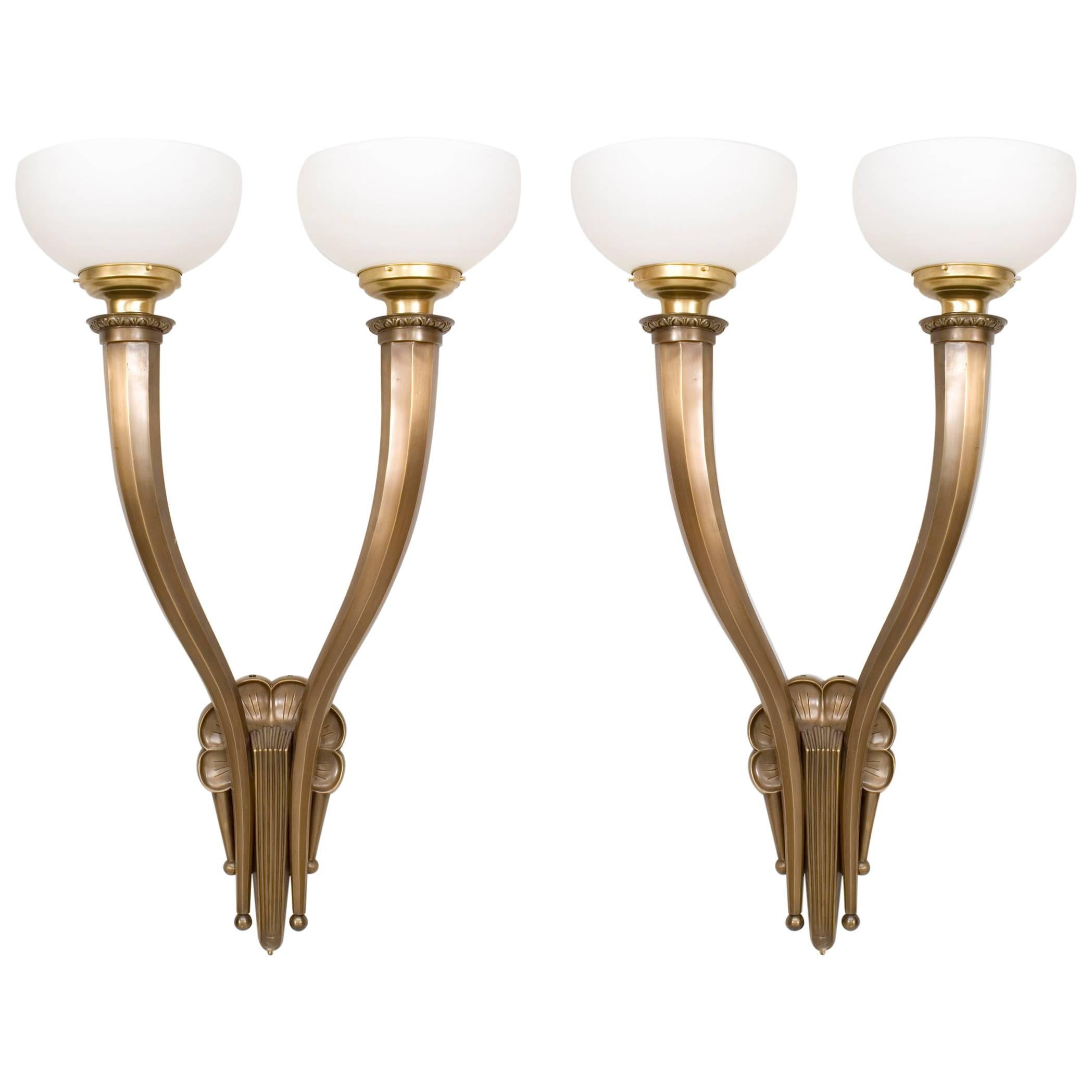 Pair of American Art Deco Monumental Brass and Glass Wall Sconces