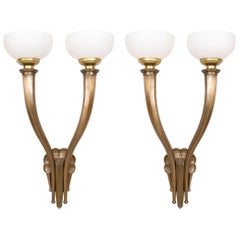 Pair of American Art Deco Monumental Brass and Glass Wall Sconces