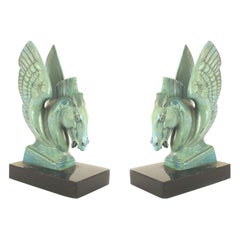 Pair of American Art Deco Patinated Copper Pegasus Bookends