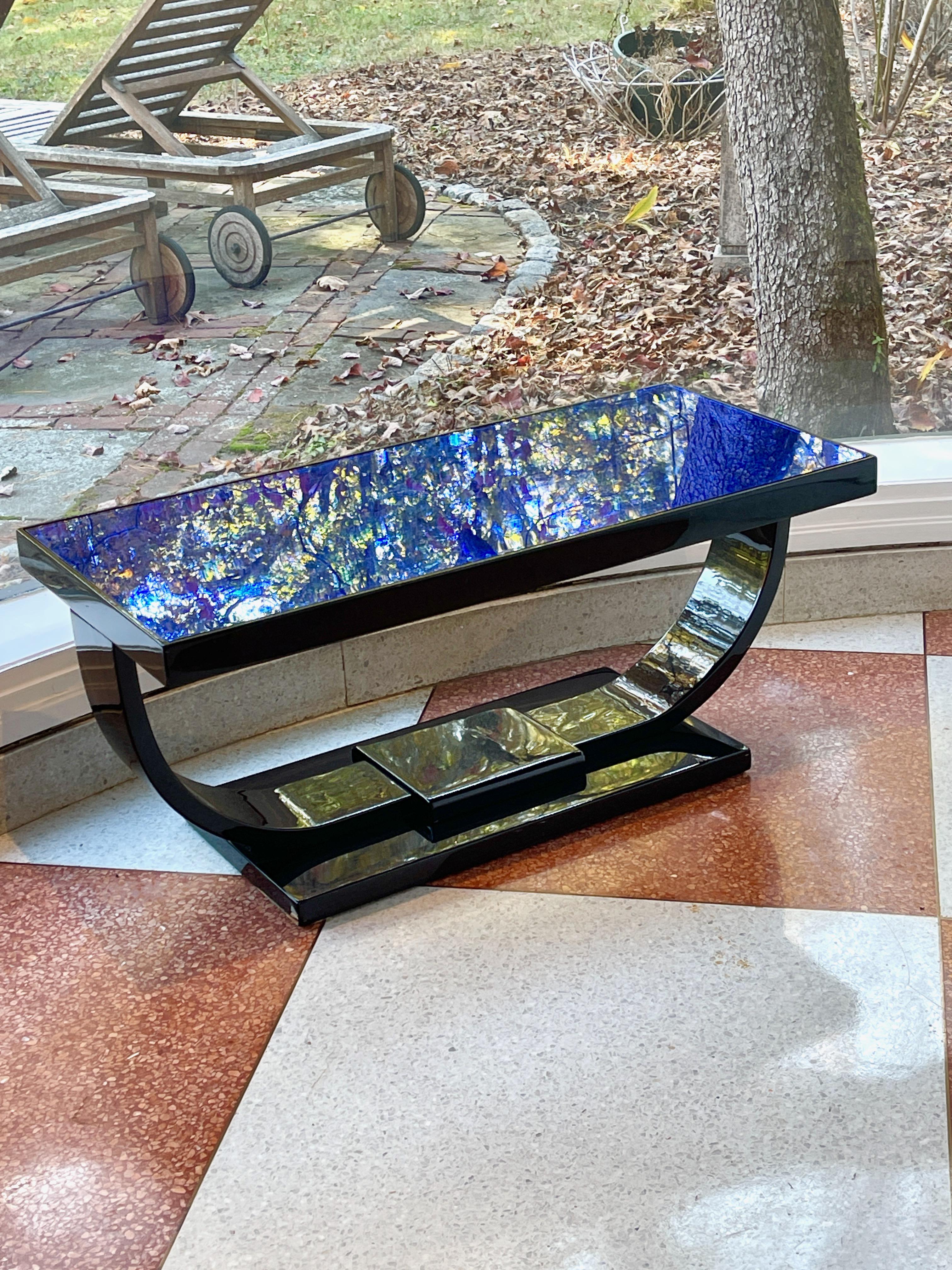 Paar amerikanische Art Deco Beistelltische Schwarzer Lack & Kobaltblauer Spiegel im Angebot 10