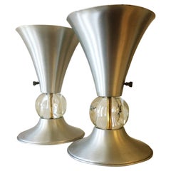 Pair of American Art Deco Spun Aluminum & Glass Wide Base Table Torchieres