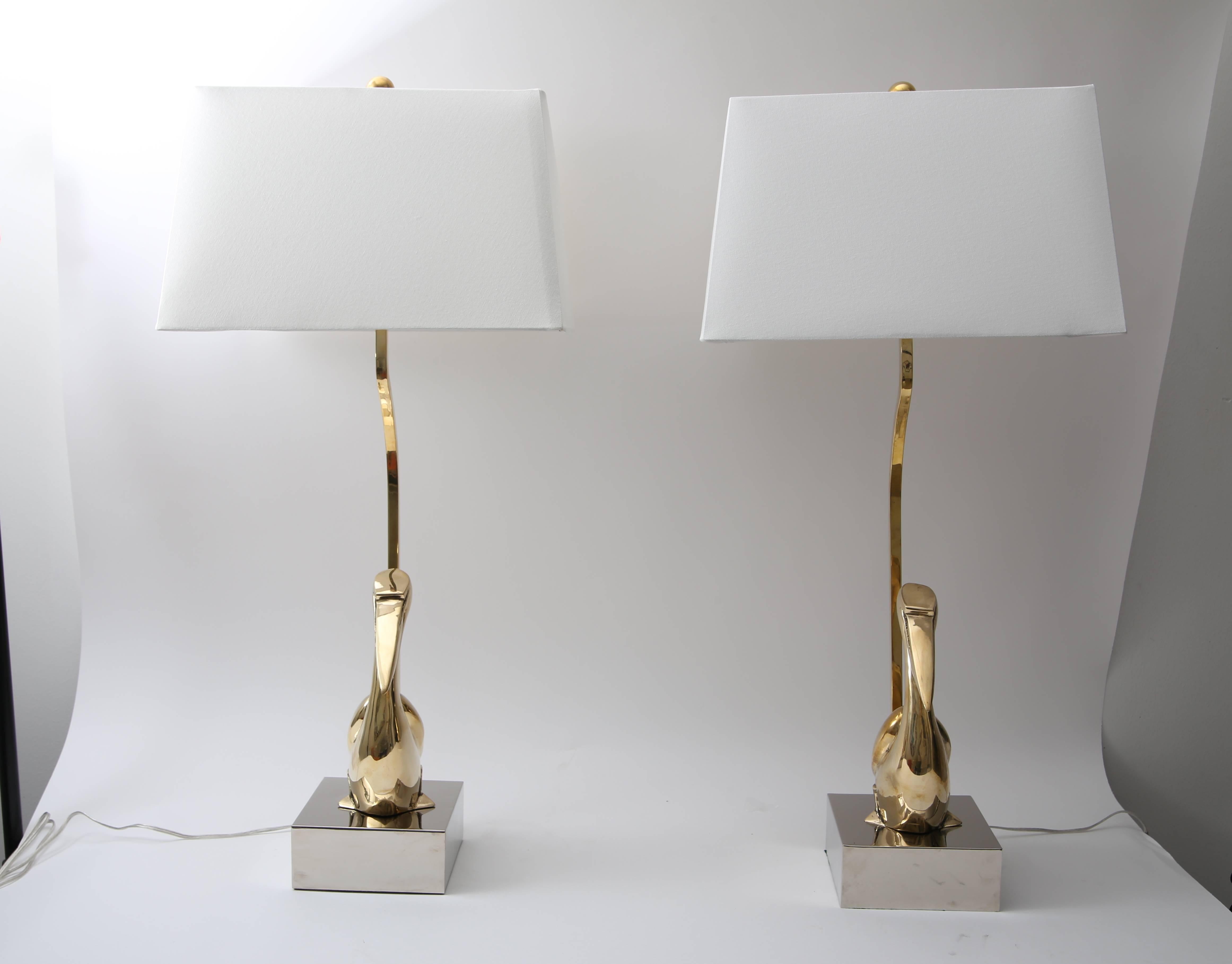 This stylish set of table lamps are very much in the Art Deco style with their clean lines and angular form of the stylized pelicans. The pieces have been professionally polished and lacquered (no polishing or tarnish).

Note: 34.50