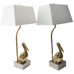 Vintage Pair of American Art Deco Style Table Lamps with Stylized Figural Pelicans