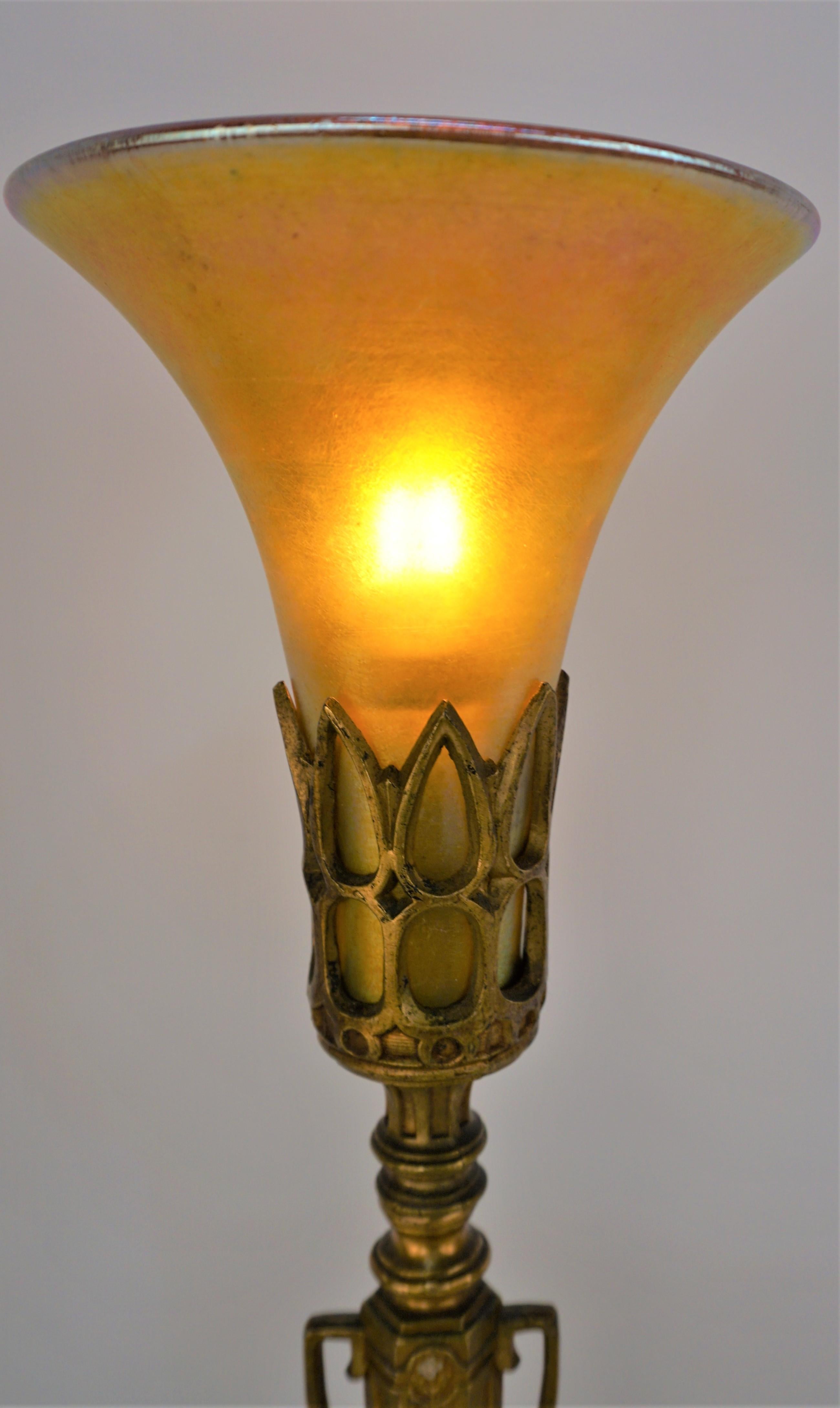 Gilt Pair of American Art Deco Table Lamps with Iridescent Art Glass Shades
