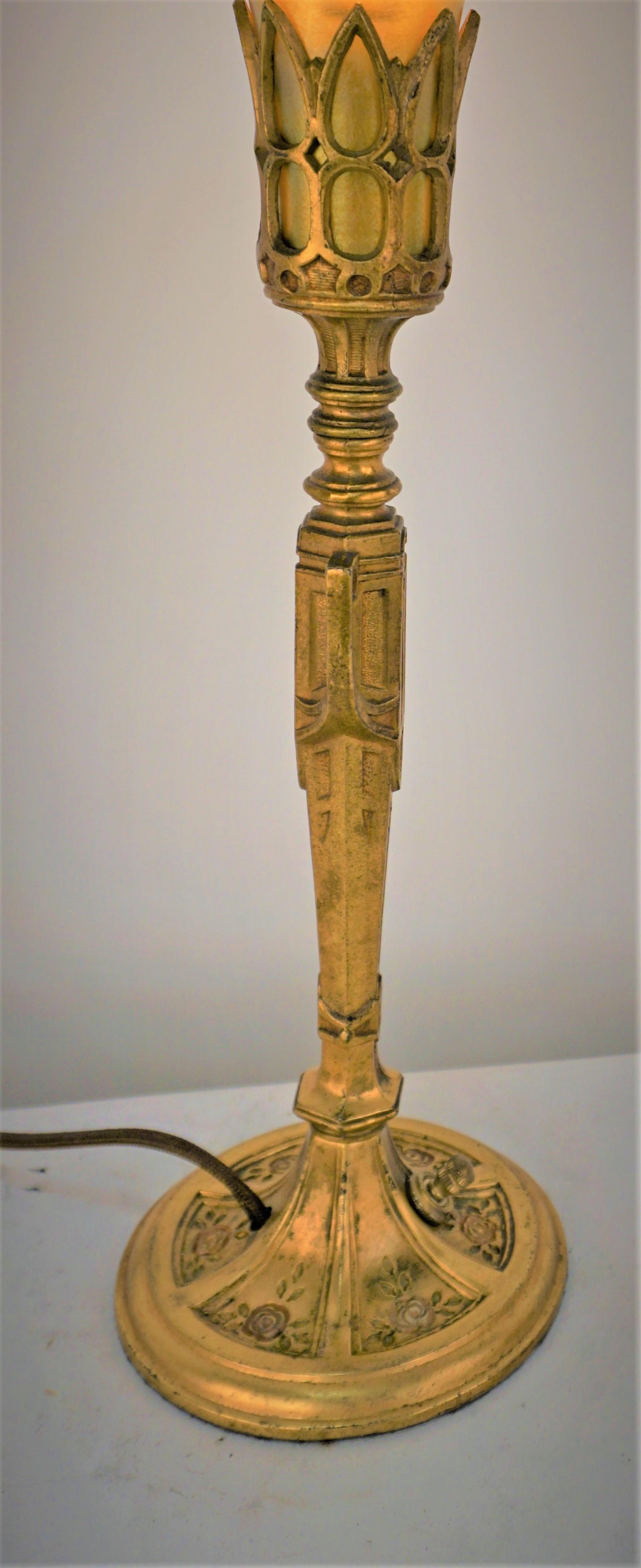 Early 20th Century Pair of American Art Deco Table Lamps with Iridescent Art Glass Shades