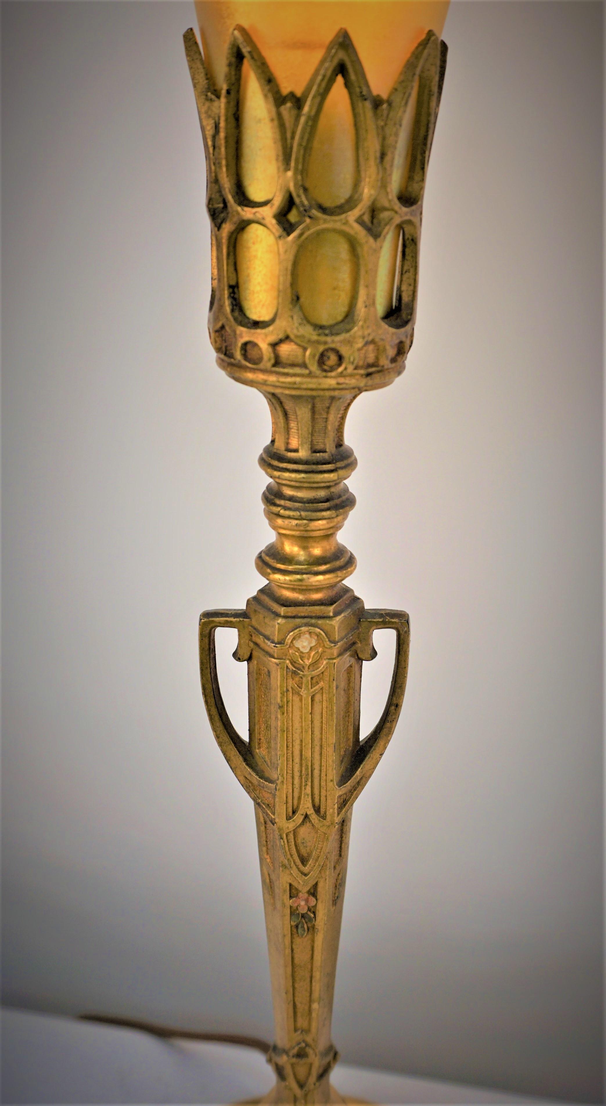 Pair of American Art Deco Table Lamps with Iridescent Art Glass Shades 1