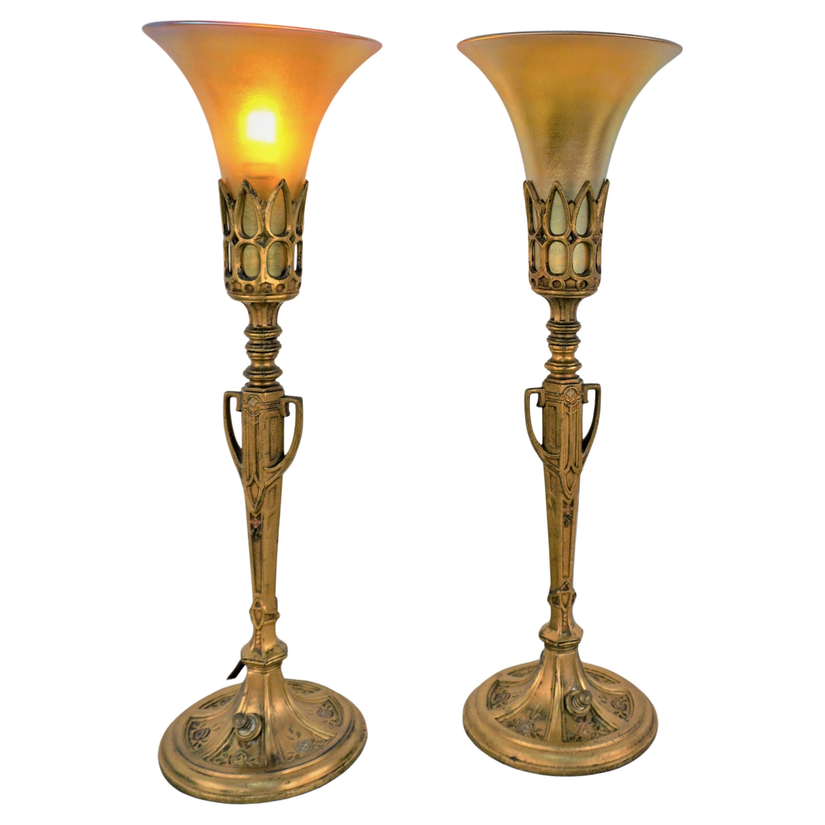 Pair of American Art Deco Table Lamps with Iridescent Art Glass Shades