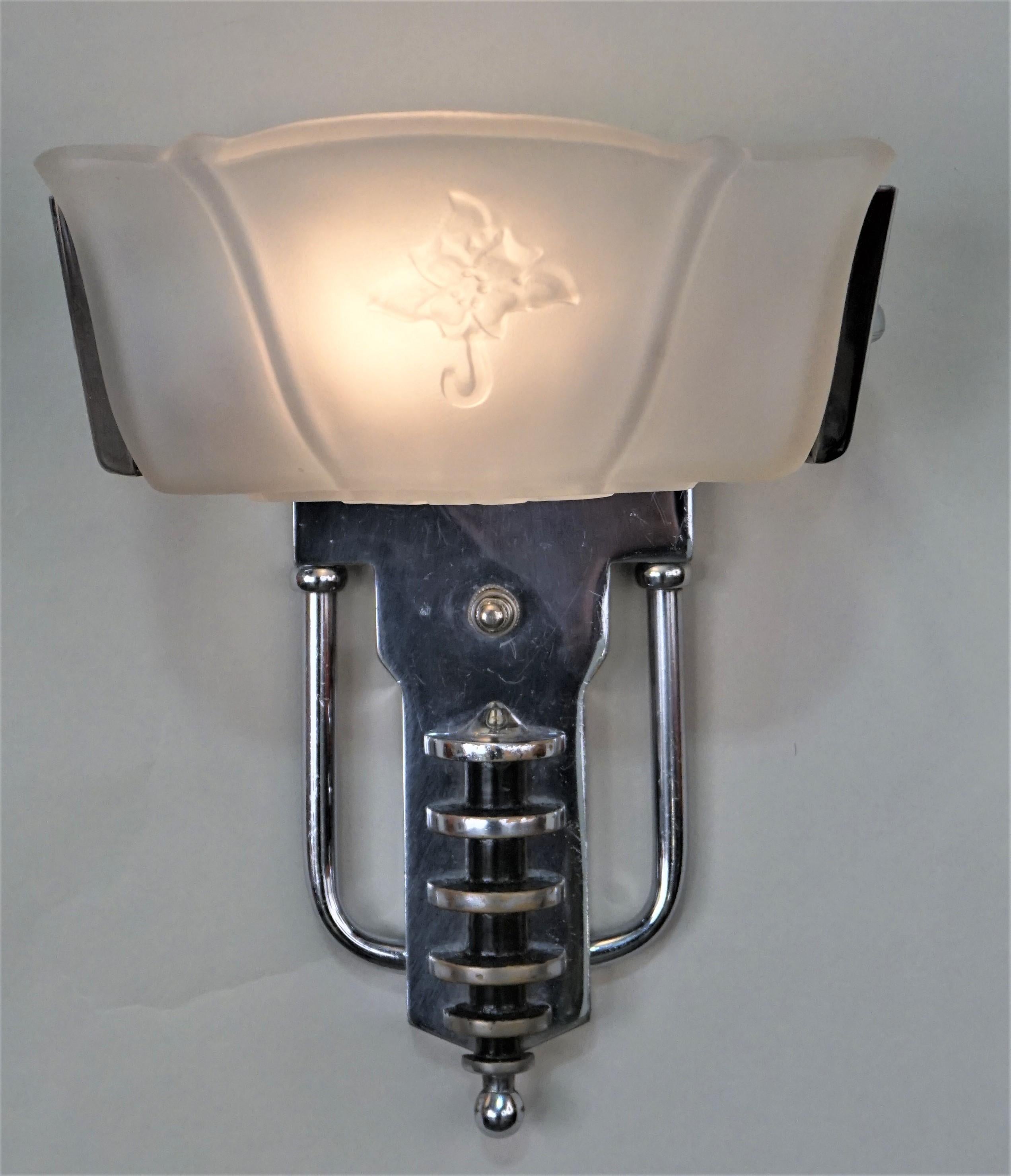 Clear Frost glass chrome on brass frame American 1930s wall sconces.