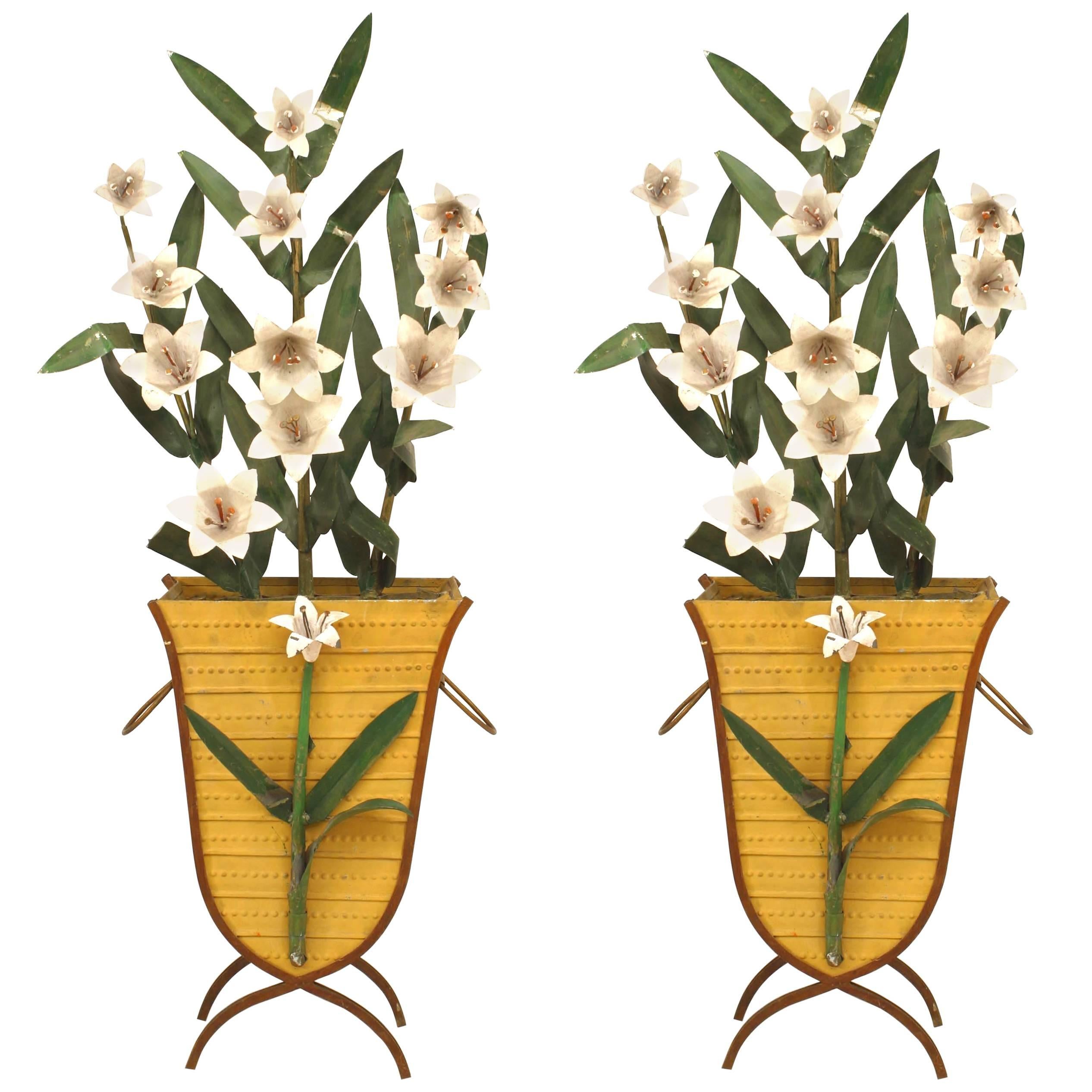 Pair of American Art Moderne Tole Baskets with Lillies For Sale