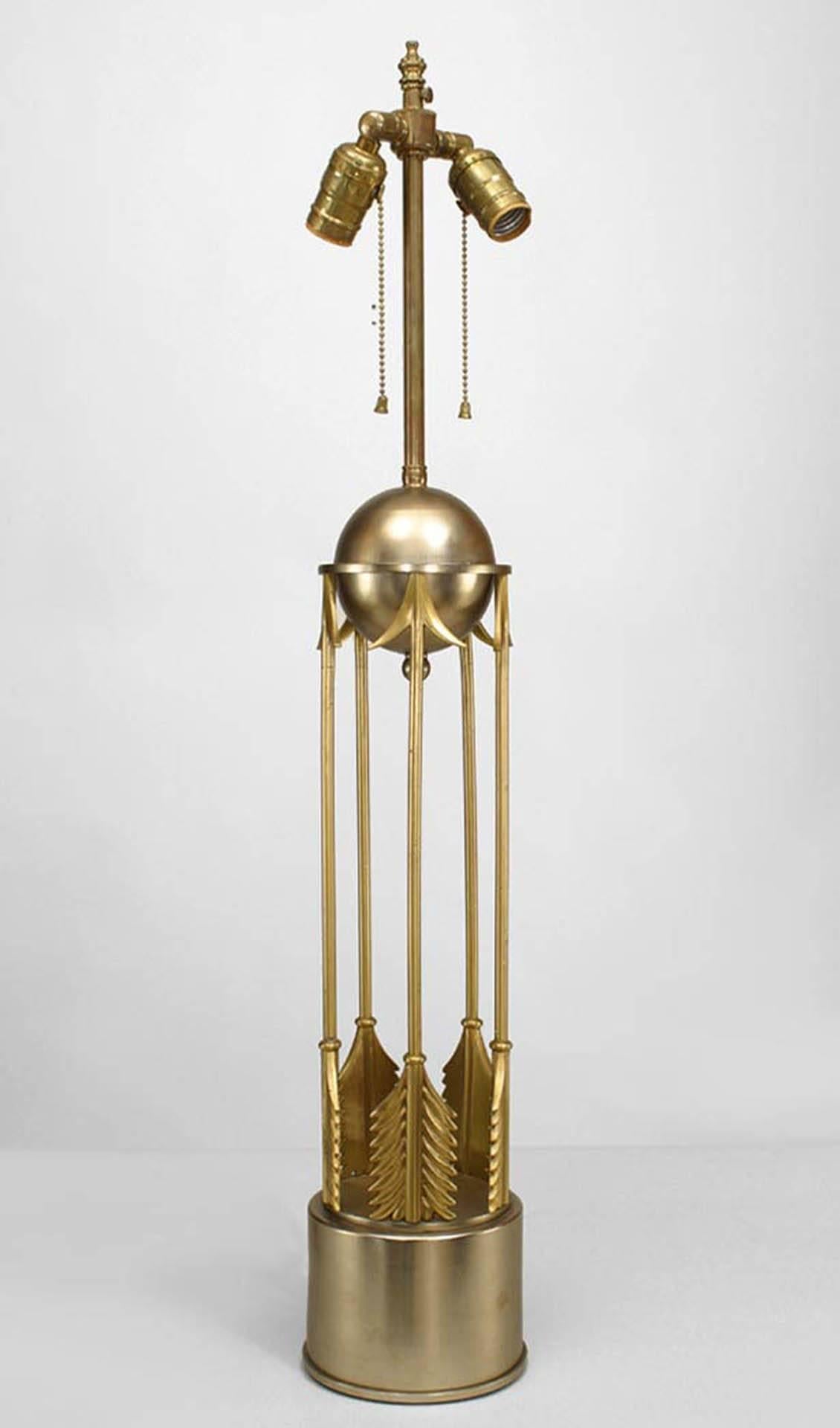 Pair of American Art Moderne 1950s steel and brass table lamps with arrow motif (att: T.H. ROBSJOHN GIBBINGS).
 