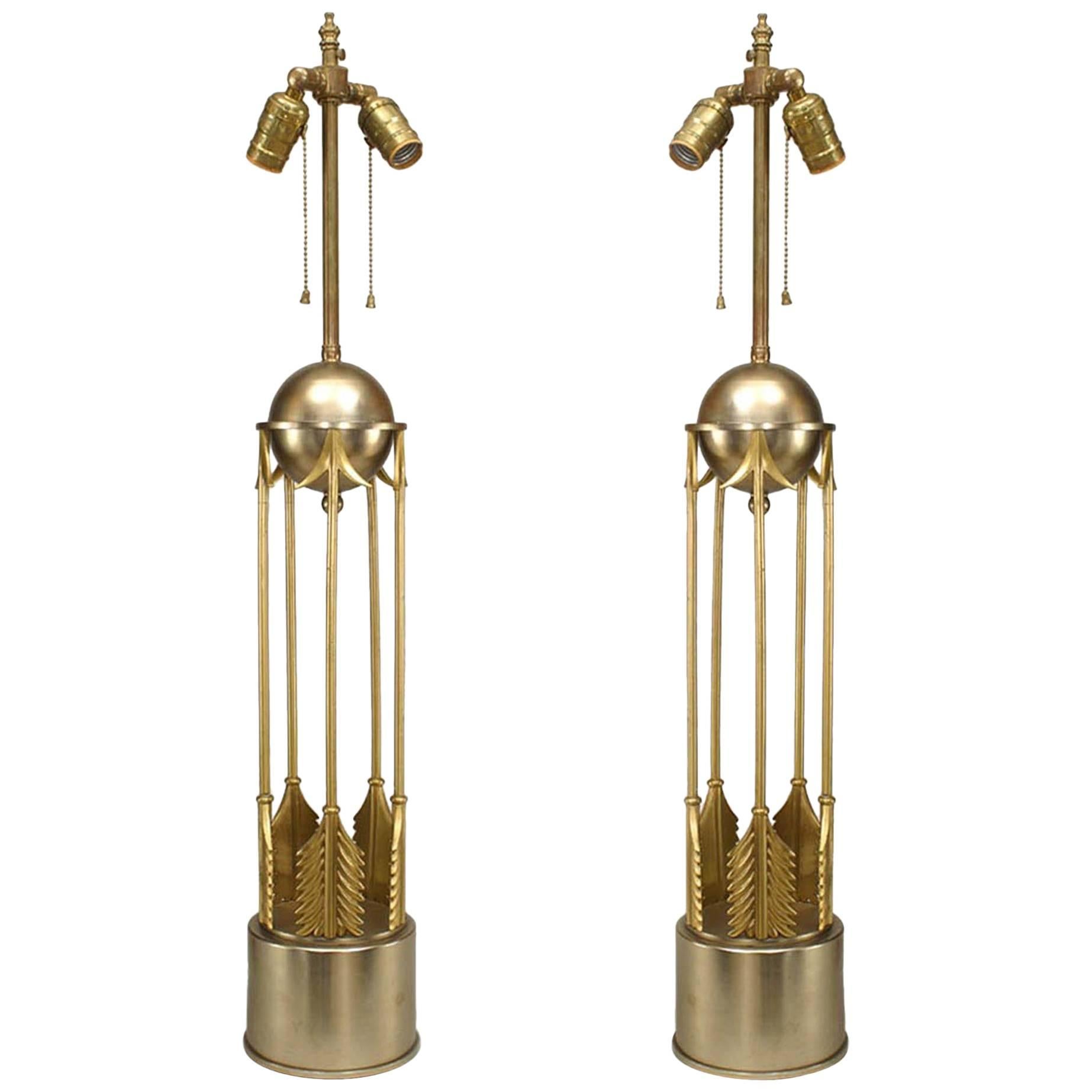 Pair of American Art Moderne 1950s Steel and Brass Table Lamps