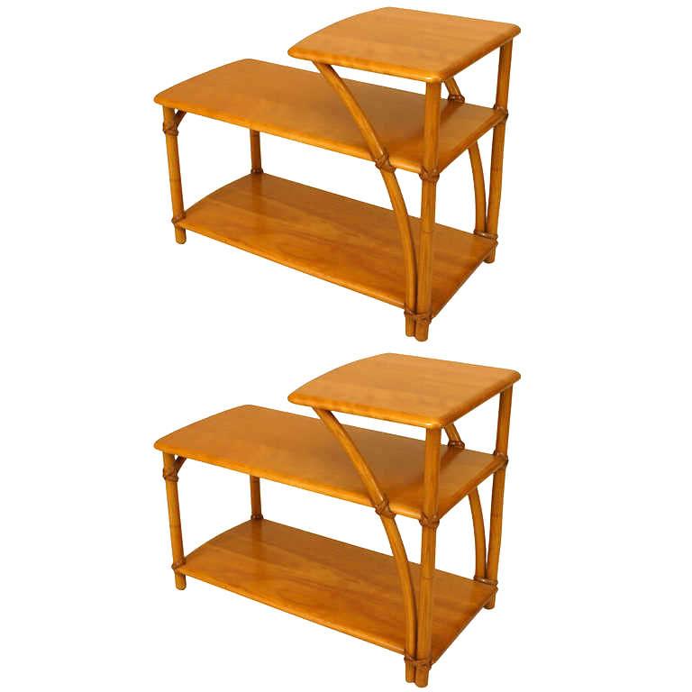 Pair of American Art Moderne 2 tier maple end tables with bentwood design and wicker trim. (Stamped: HAYWOOD WAKEFIELD) (PRICED AS Pair)
