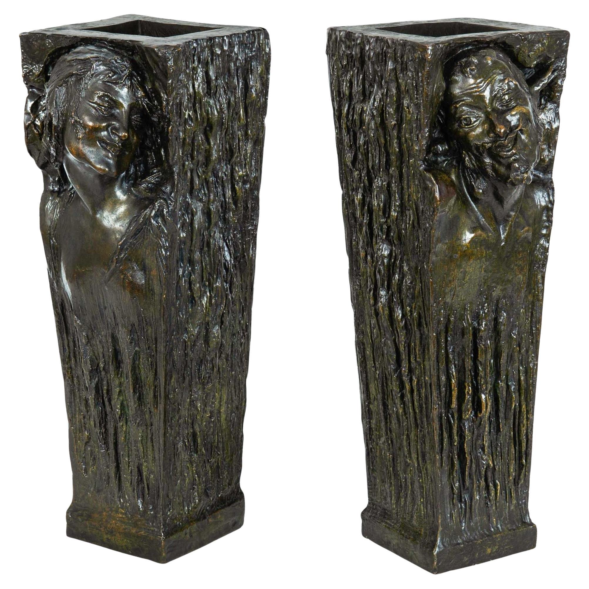 Pareja de jarrones Art Nouveau americanos "Sátiro y Ménade" de Roman Bronze Works