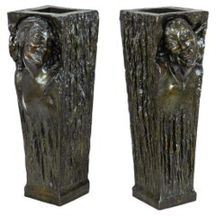 Antique Pair of American Art Nouveau Vases "Satyr & Maenad" by Roman Bronze Works