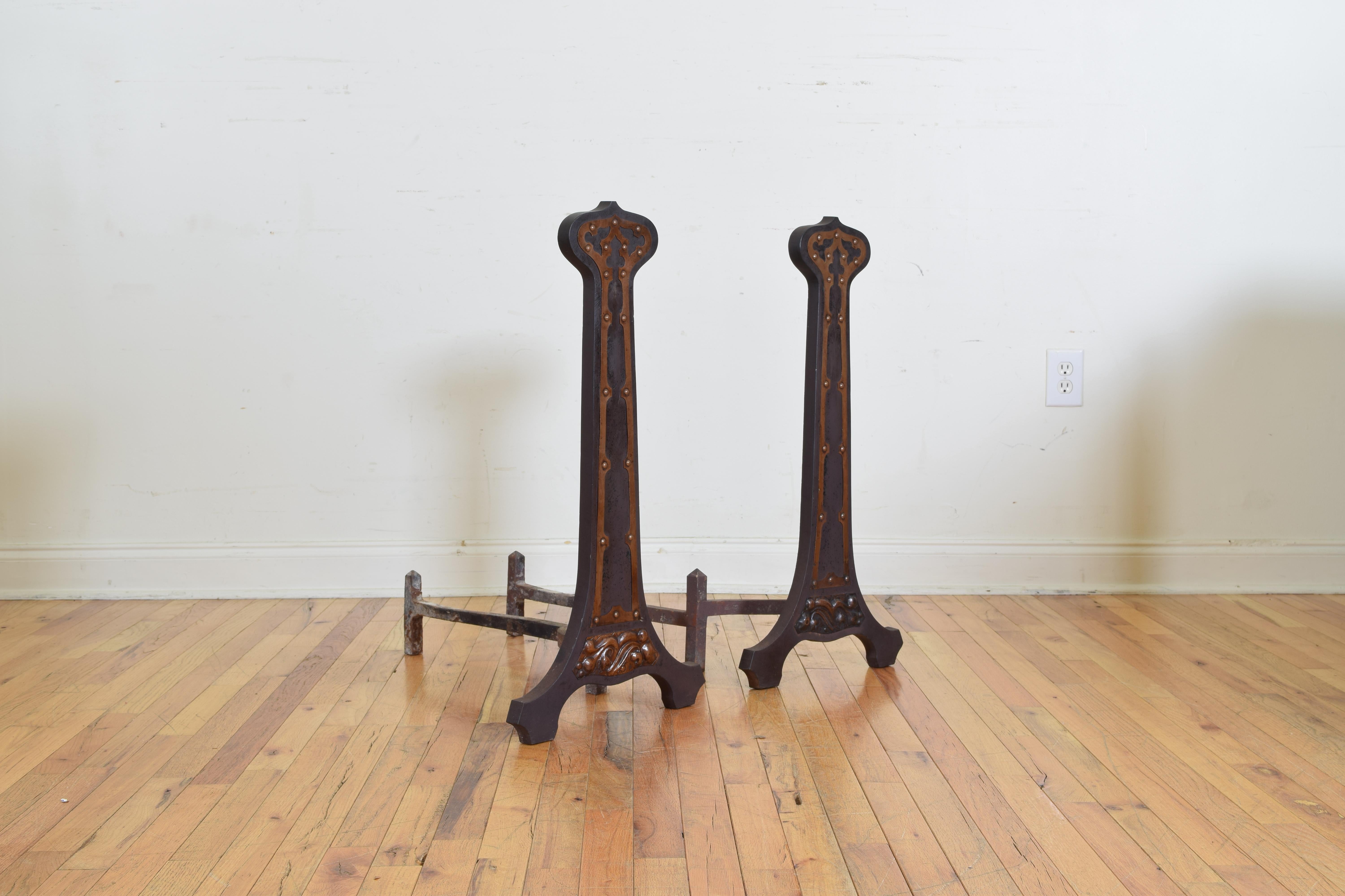 North American Pair of American Arts and Crafts Cast Iron and Copper Andirons, circa 1890-1900