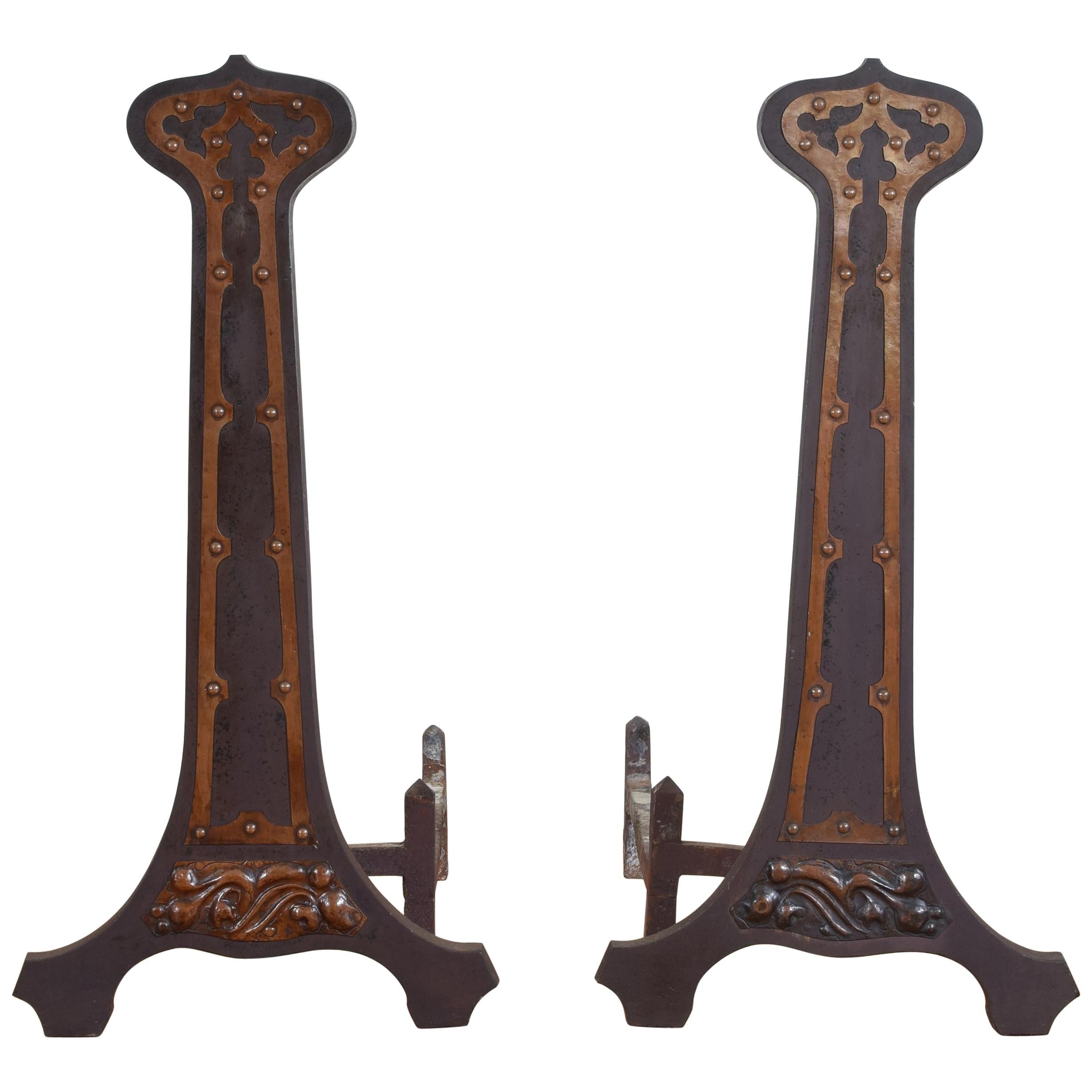 Pair of American Arts and Crafts Cast Iron and Copper Andirons, circa 1890-1900