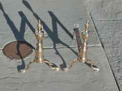Pair of American Bell Brass Double Urn Finial Andirons with Slipper Feet C 1790
