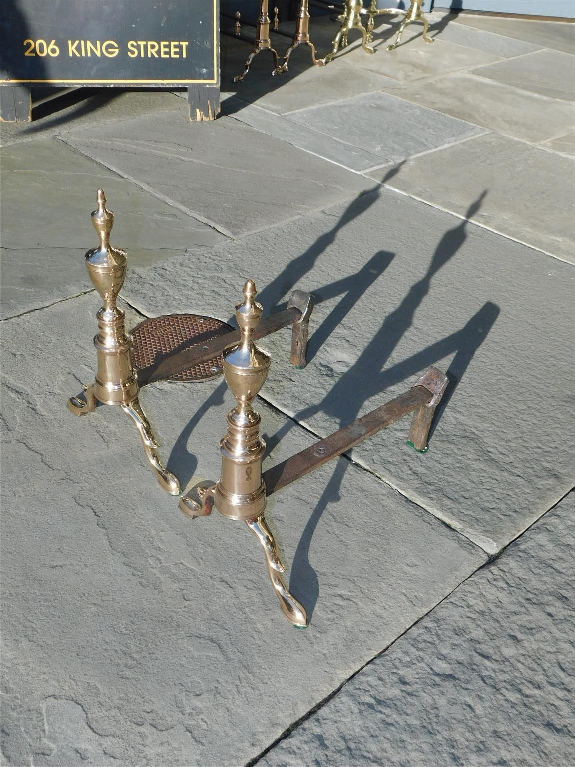 Cast Pair of American Bell Brass Double Urn Finial Andirons with Slipper Feet C 1790 For Sale