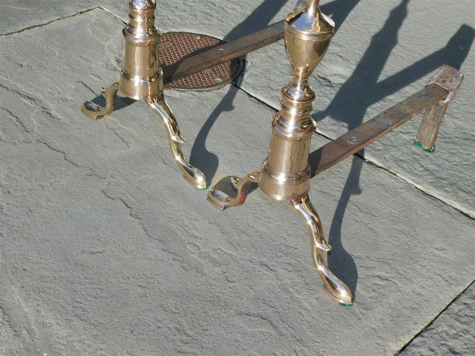 Late 18th Century Pair of American Bell Brass Double Urn Finial Andirons with Slipper Feet C 1790 For Sale