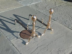 Pair of American Bell Brass Lemon Finial Andirons with Matching Log Stops C 1790