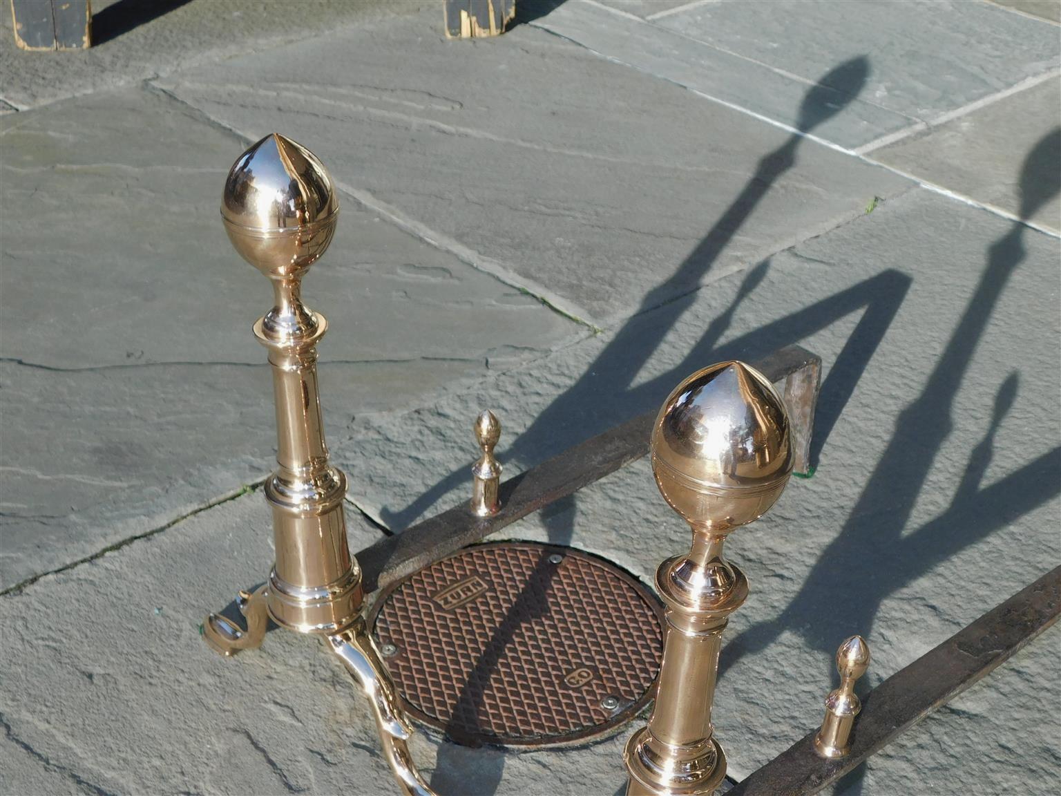 Cast Pair of American Bell Brass Lemon Finial Andirons with Matching Log Stops C 1790 For Sale