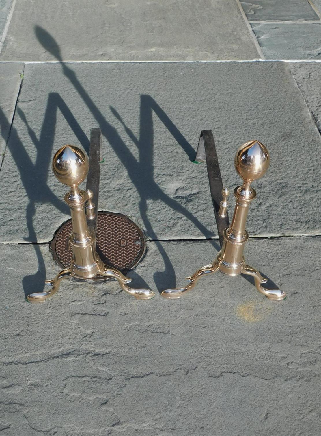 Late 18th Century Pair of American Bell Brass Lemon Finial Andirons with Matching Log Stops C 1790 For Sale
