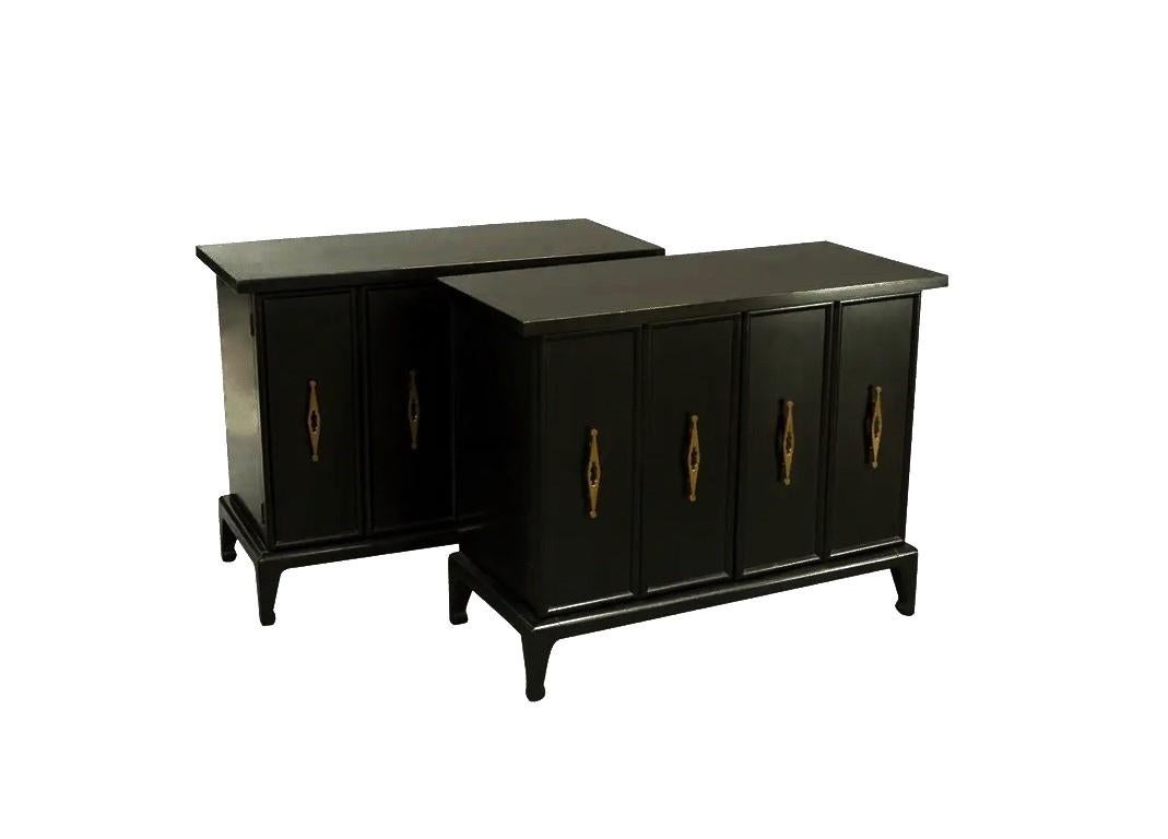 Lacquered Pair of American Black Lacquer and Brass Regency Cabinets, 1960's For Sale