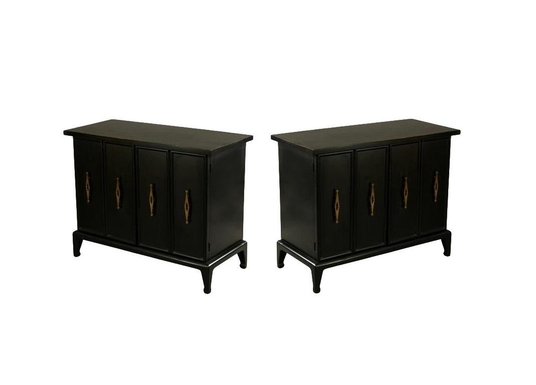 Pair of American Black Lacquer and Brass Regency Cabinets, 1960's For Sale 3
