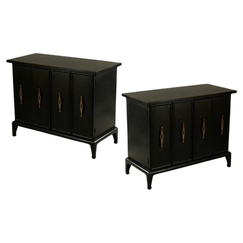 Pair of American Black Lacquer and Brass Regency Cabinets, 1960's For Sale
