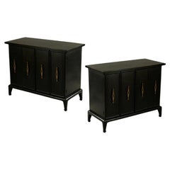 Used Pair of American Black Lacquer and Brass Regency Cabinets, 1960's