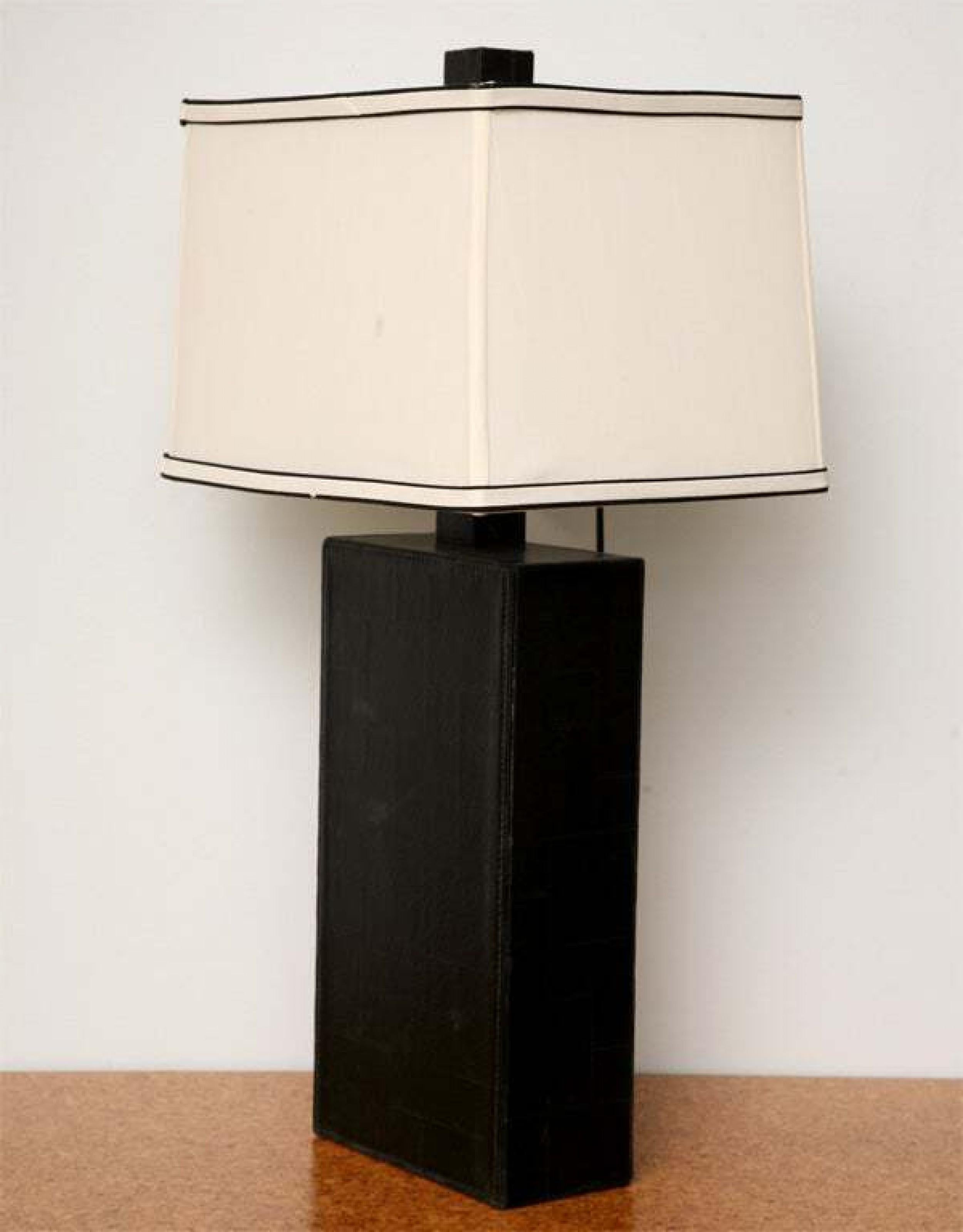 Mid-Century Modern Pair of American Black Leather Table Lamps in the Style of Jacques Adnet For Sale