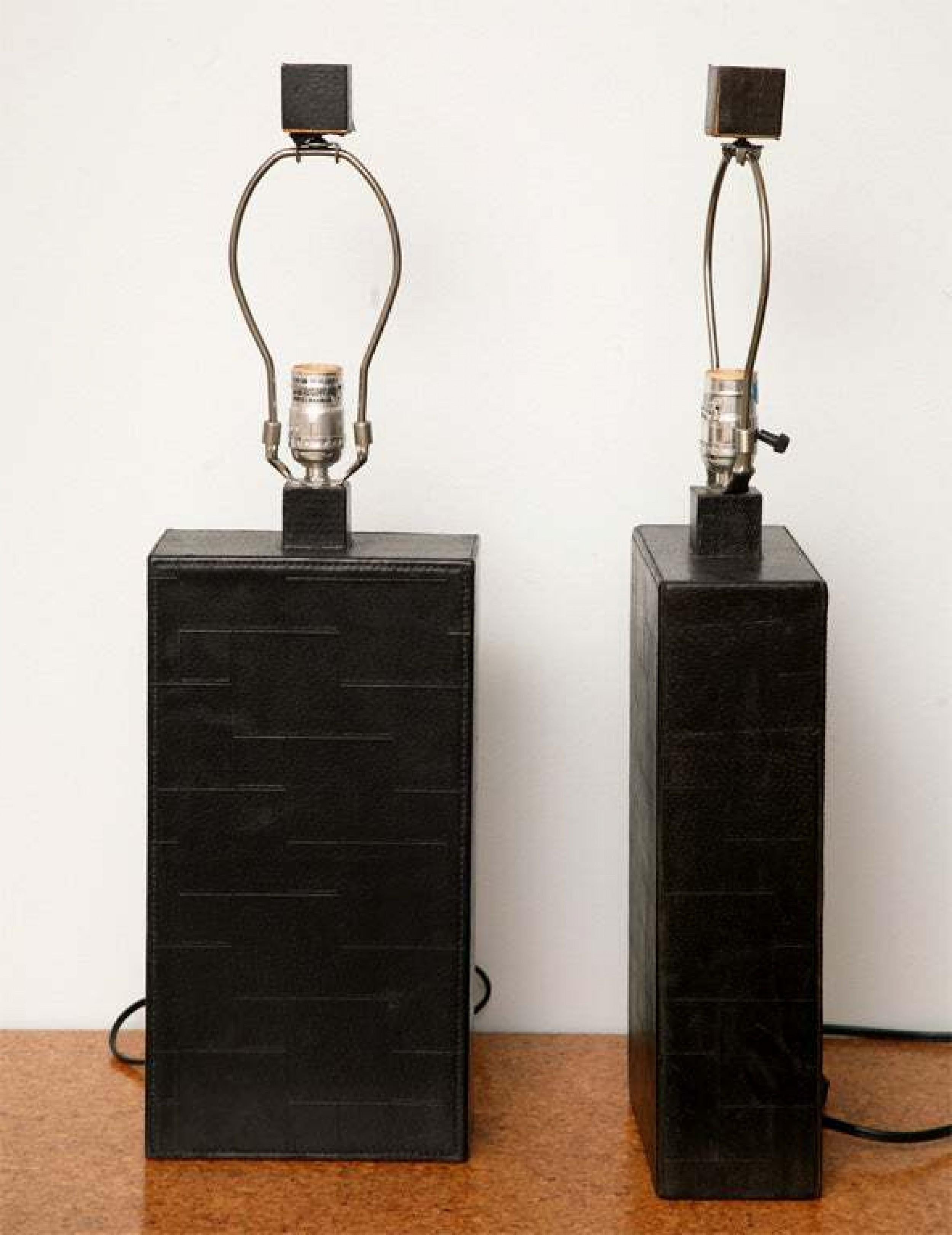 Pair of American Black Leather Table Lamps in the Style of Jacques Adnet For Sale 1
