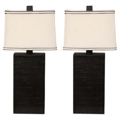 Vintage Pair of American Black Leather Table Lamps in the Style of Jacques Adnet