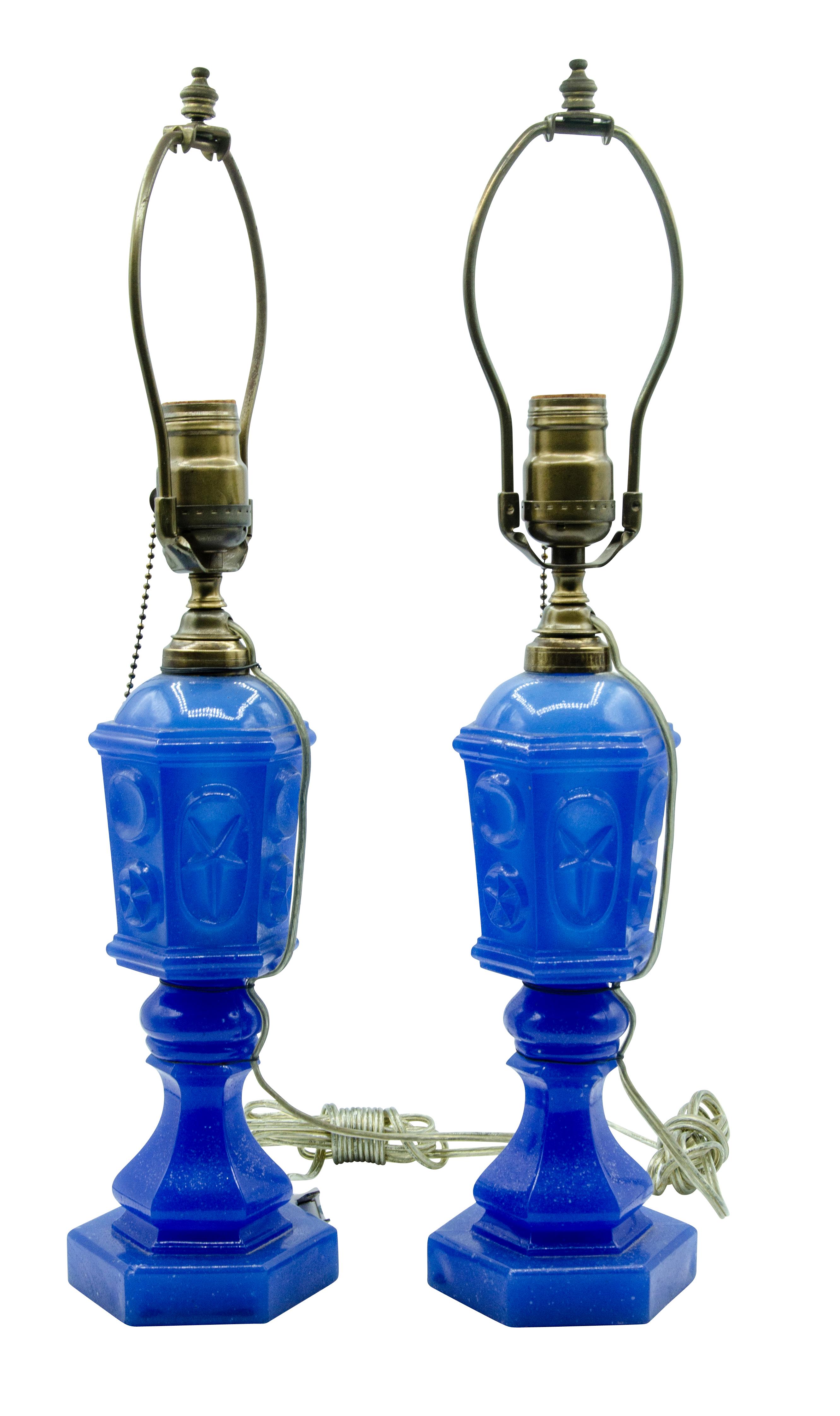 Folk Art Pair of American Blue Glass Fluid Lamps