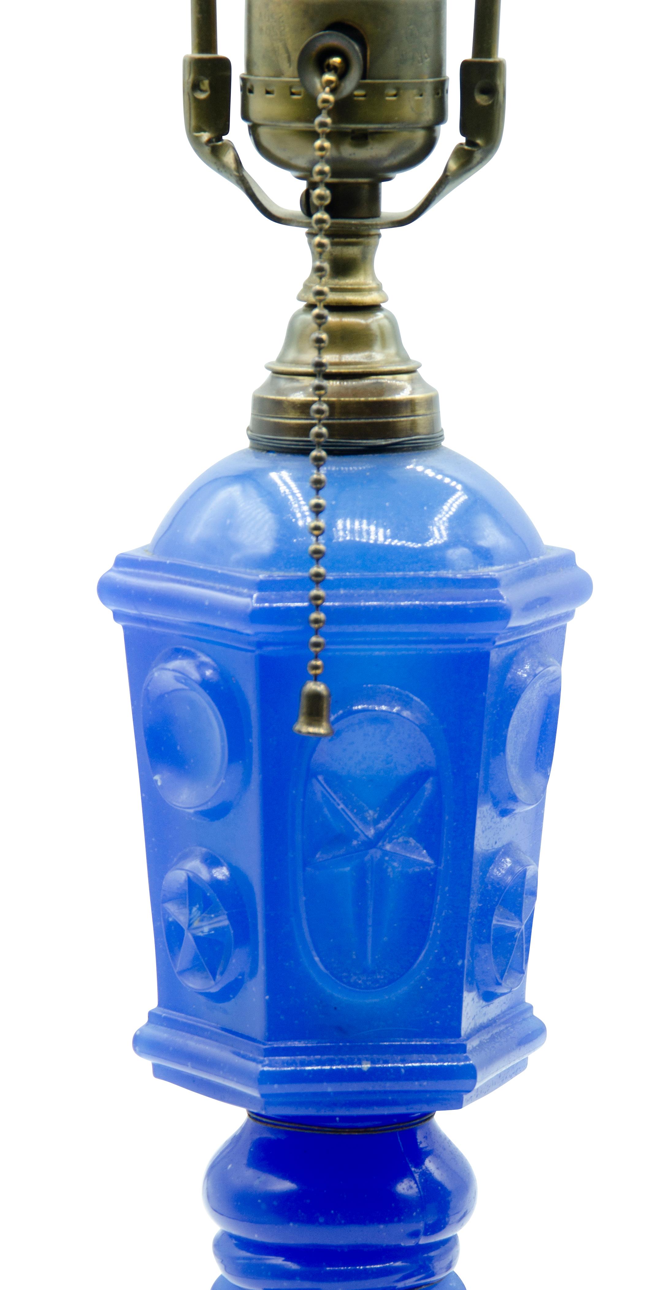Late 19th Century Pair of American Blue Glass Fluid Lamps