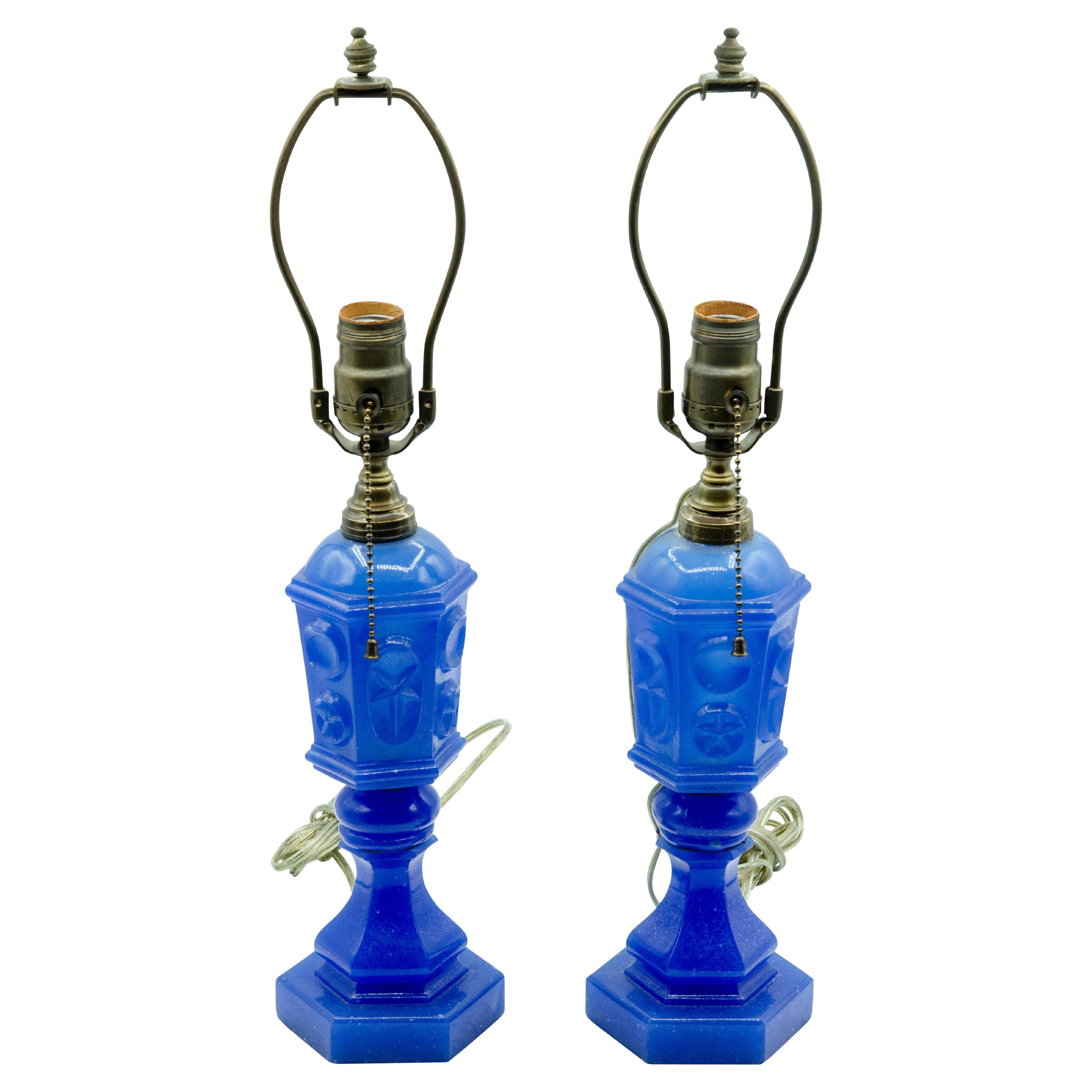 Pair of American Blue Glass Fluid Lamps