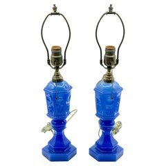 Pair of American Blue Glass Fluid Lamps