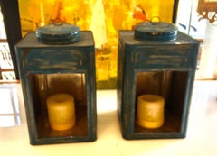 Pair of American Blue Tea Tin Lanterns