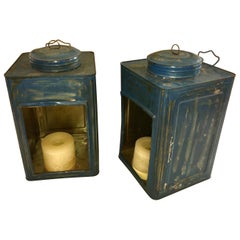 Pair of American Blue Tea Tin Lanterns