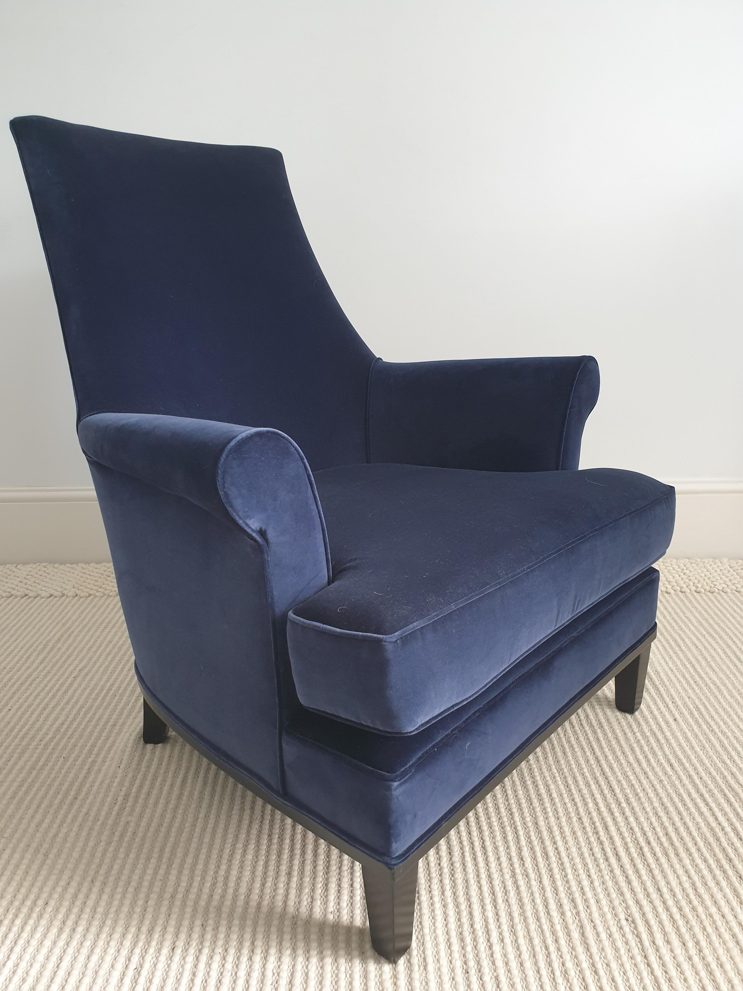 Pair of American Blue Velvet Armchairs, Midcentury For Sale 2