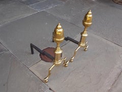 Pair of American Brass Acorn Finial Andirons with Spur Legs & Ball feet, C. 1810