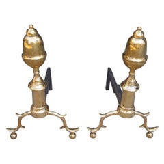 Pair of American Brass Acorn Finial Andirons with Spur Legs & Ball feet, C. 1810