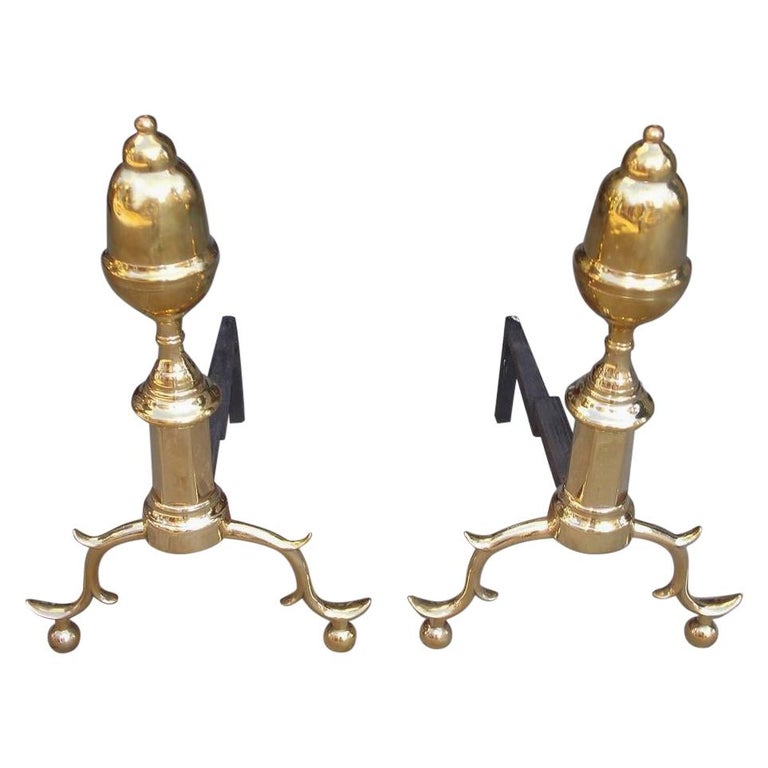 Pair of American Brass Acorn Finial Fire Dogs with Spur Legs and Ball