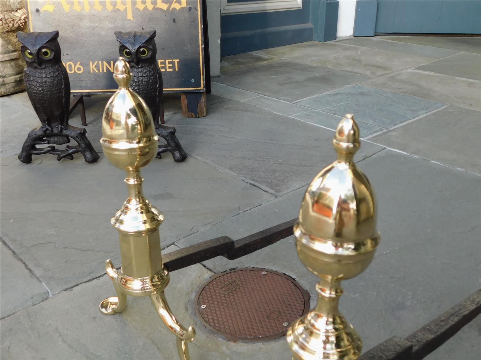 Cast Pair of American Brass Acorn Finial Andirons with Spur Legs & Penny Feet NY 1780 For Sale
