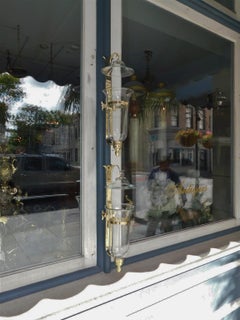 Pair of American Brass and Glass Bell Jar Hurricane Mounted Wall Sconces, C 1880