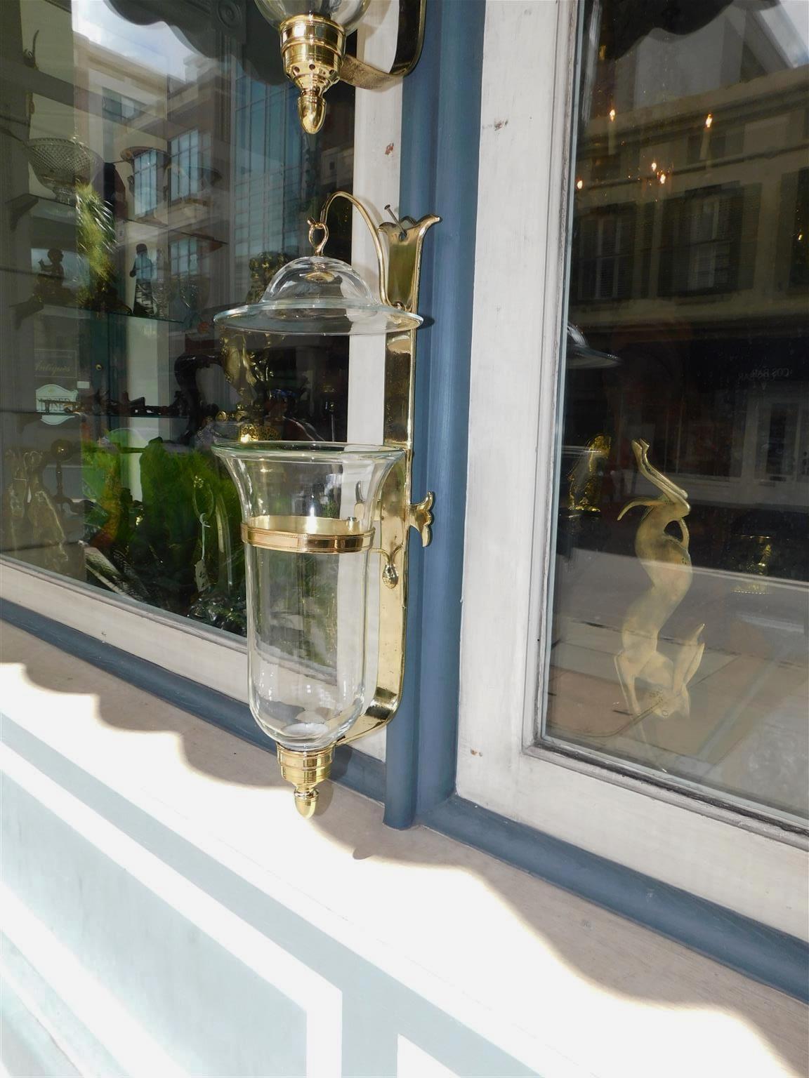 Hand-Crafted Pair of American Brass and Bell Glass Hurricane Mounted Wall Sconces, Circa 1880 For Sale