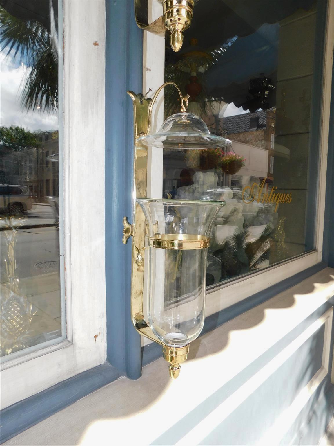 Late 19th Century Pair of American Brass and Bell Glass Hurricane Mounted Wall Sconces, Circa 1880 For Sale